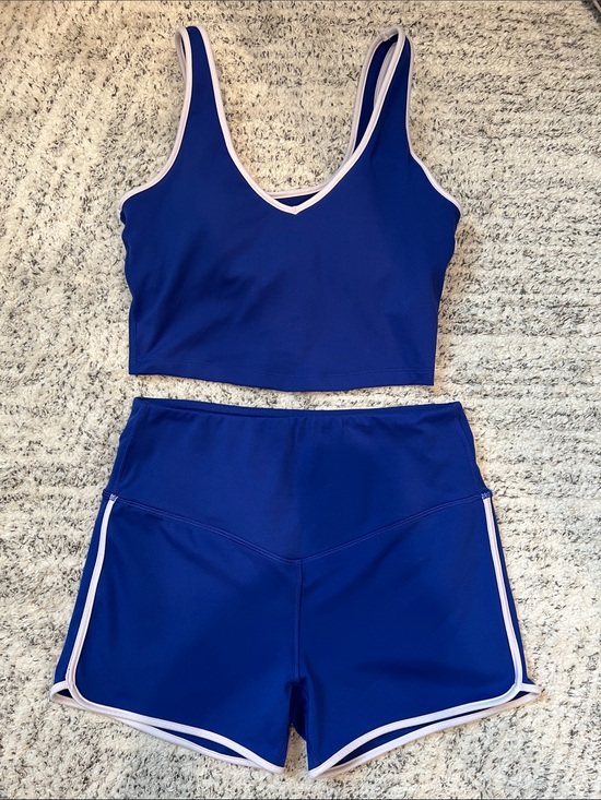 Pants - Women’s Royal Blue Athletic Shorts and Crop Top with White Trim Set